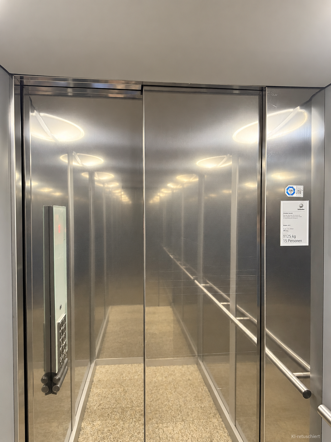 Personenfreie Aufzugskabine mit Bedientableau und Handlauf